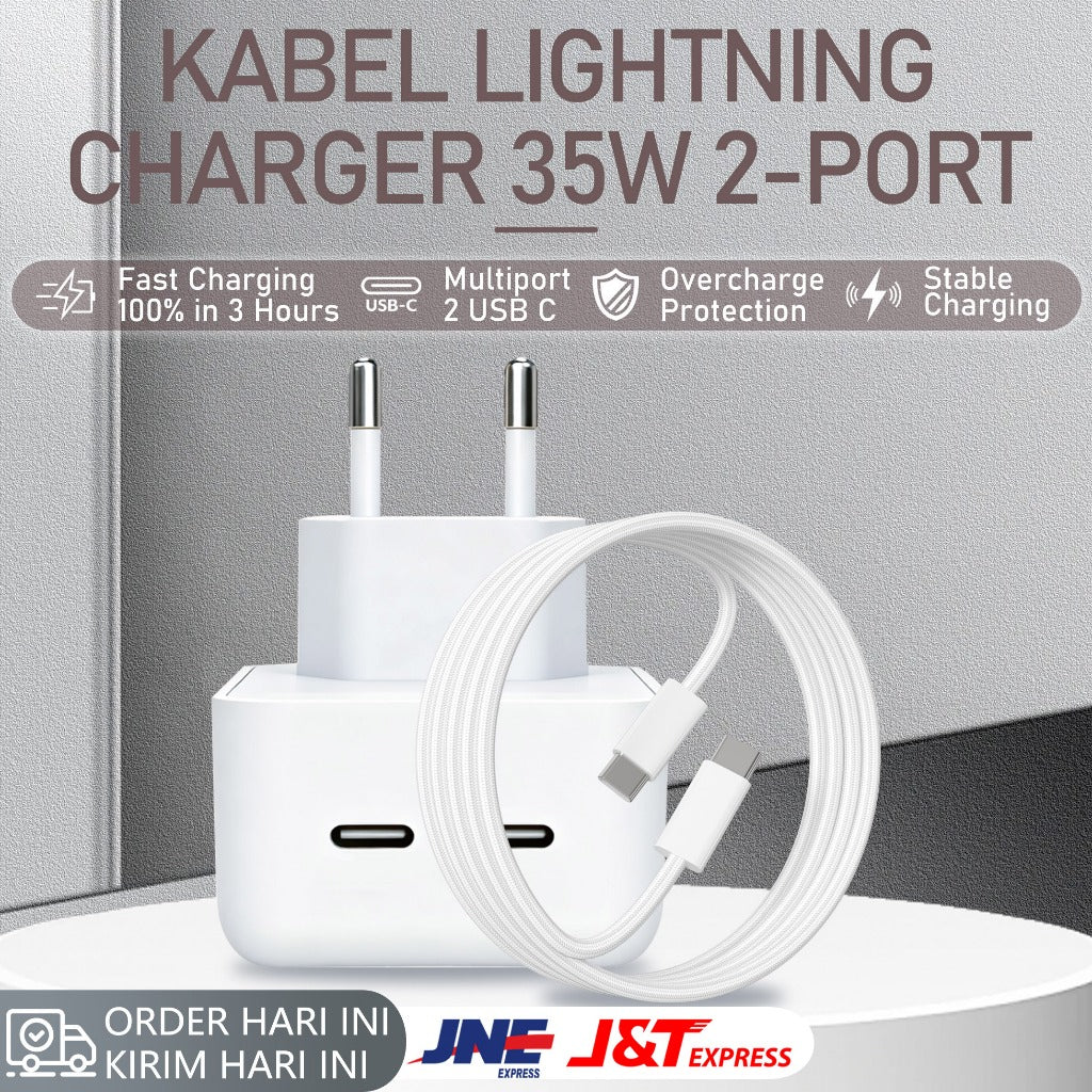 HIBY - 100% ORIGINAL - Charger Apple 35W Dual Port - Fast Charging Type C & Lightning - Kompatibel iPhone, iPad, MacBook Air - Garansi Resmi