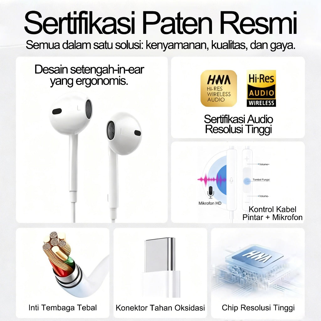 HIBY - Earphone Kabel Original Apple Bergaransi Resmi 2 Tahun | Langsung Pakai | Pilih Lightning untuk iPhone 8-14  atau Type-C untuk iPhone 15/16/17