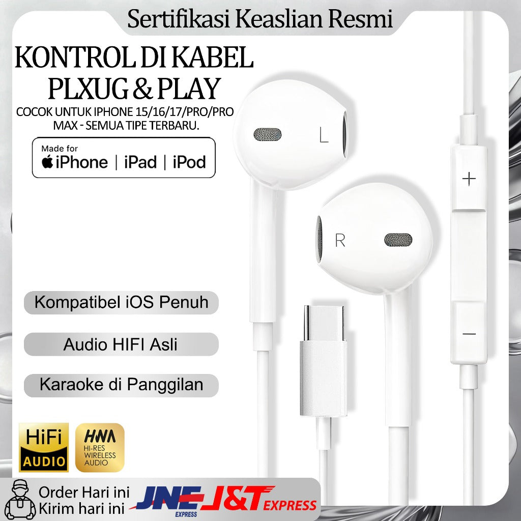 HIBY - Earphone Kabel Original Apple Bergaransi Resmi 2 Tahun | Langsung Pakai | Pilih Lightning untuk iPhone 8-14  atau Type-C untuk iPhone 15/16/17