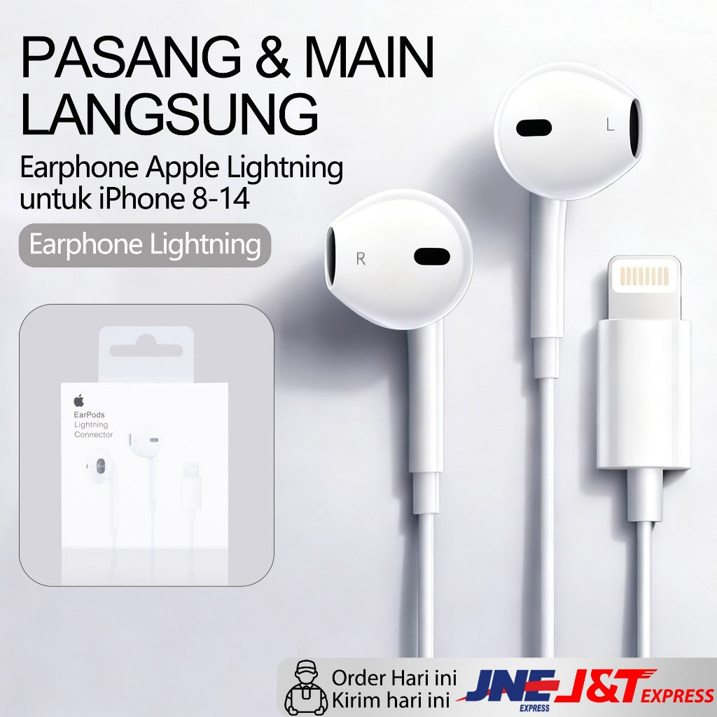 HIBY - Earphone Kabel Original Apple Bergaransi Resmi 2 Tahun | Langsung Pakai | Pilih Lightning untuk iPhone 8-14  atau Type-C untuk iPhone 15/16/17