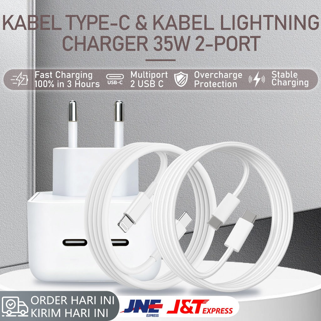 HIBY - 100% ORIGINAL - Charger Apple 35W Dual Port - Fast Charging Type C & Lightning - Kompatibel iPhone, iPad, MacBook Air - Garansi Resmi