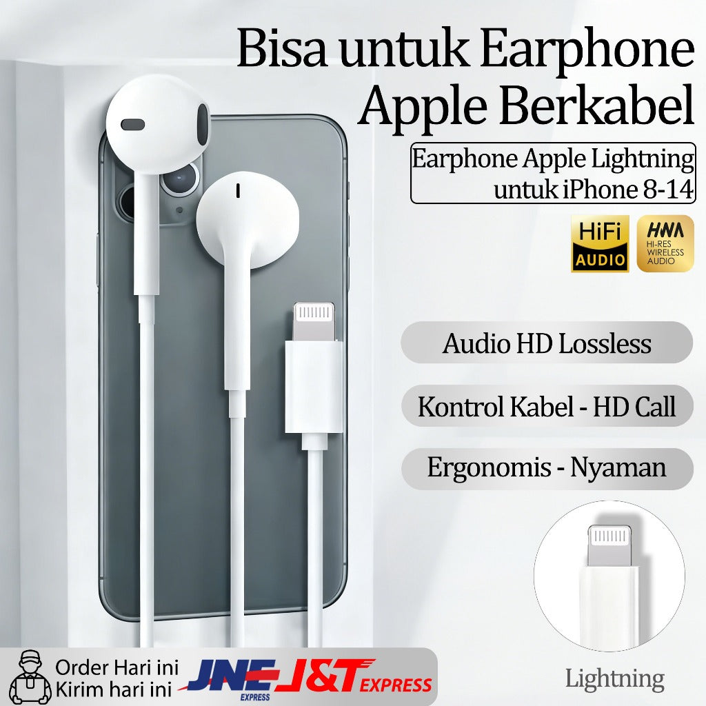 HIBY - Earphone Kabel Original Apple Bergaransi Resmi 2 Tahun | Langsung Pakai | Pilih Lightning untuk iPhone 8-14  atau Type-C untuk iPhone 15/16/17
