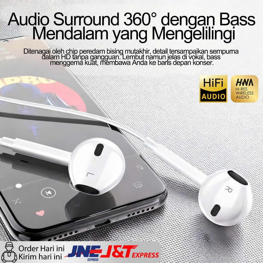 HIBY - Earphone Kabel Original Apple Bergaransi Resmi 2 Tahun | Langsung Pakai | Pilih Lightning untuk iPhone 8-14  atau Type-C untuk iPhone 15/16/17