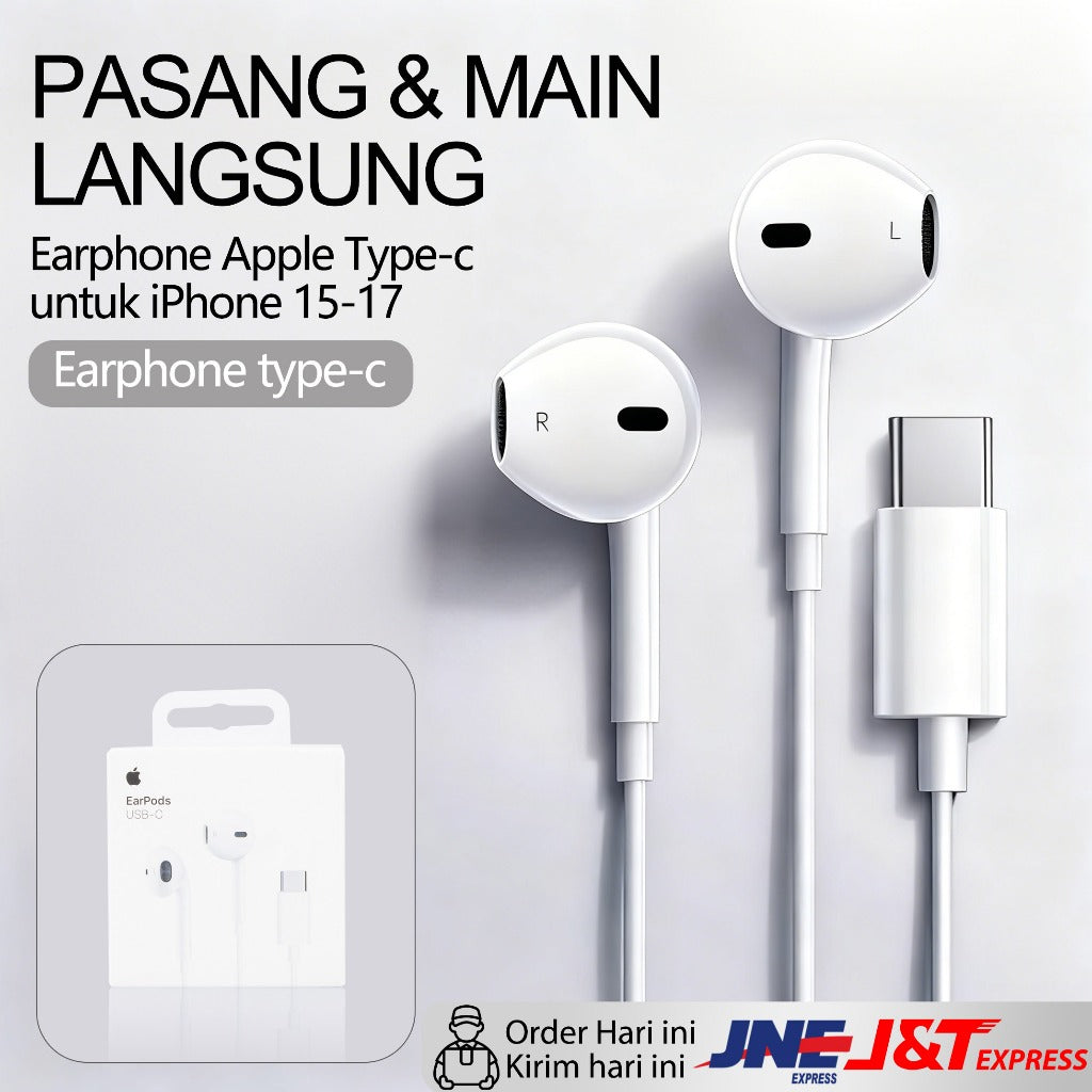 HIBY - Earphone Kabel Original Apple Bergaransi Resmi 2 Tahun | Langsung Pakai | Pilih Lightning untuk iPhone 8-14  atau Type-C untuk iPhone 15/16/17